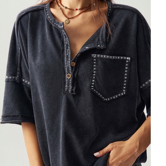 Solid Mineral Wash Reverse Stitch 1/2 button Short sleeve Top - Picture 3 of 5